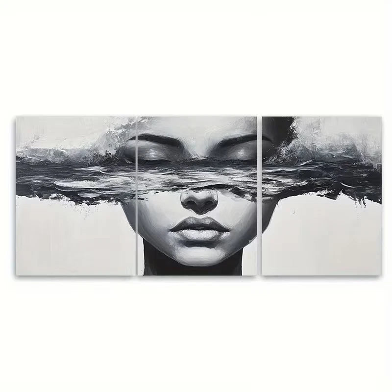 3pcs Black and White Abstract Woman Face Metal Print Ready to Hang Art