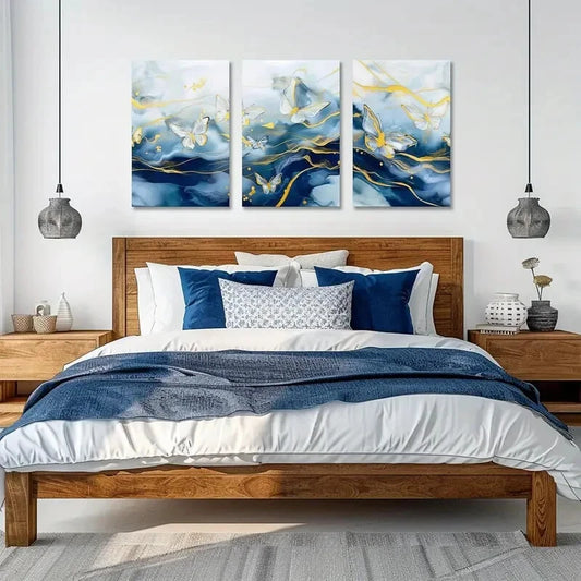 3pcs White and Gold Butterflies on Blue and White Metal Print Ready to Hang Art