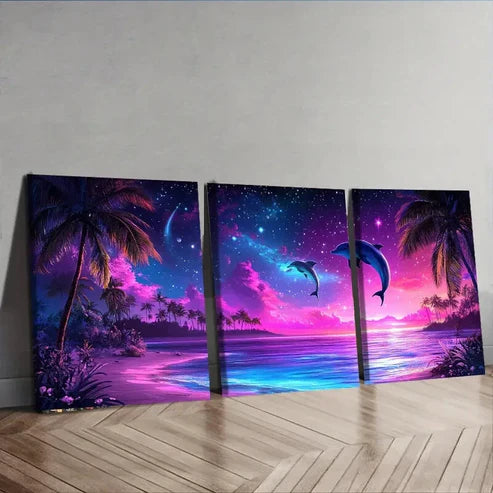 3pcs Dolphin Silhouette Under Purple Sky Ocean Wall Art Set Canvas Unframed - High Quality Print 100% Australian Made Wall Canvas - Bella Home Decor