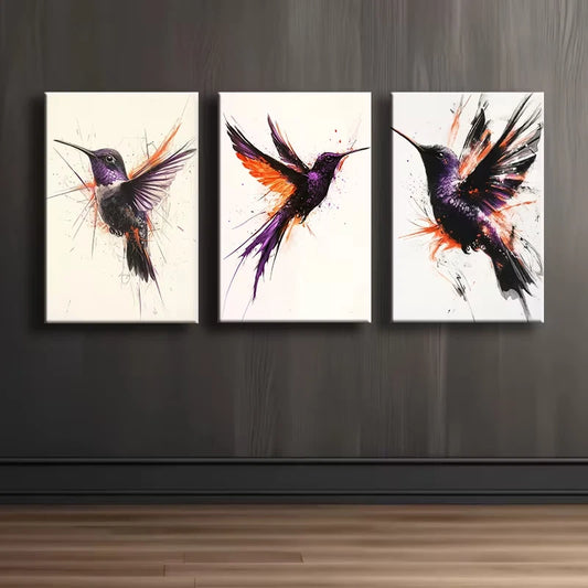 3pcs Purple and Black Hummingbird Bird Paintings Wall Art Set Canvas Framed 60x90cm - High Quality Print 100% Australian Made Wall Canvas Ready to Hang