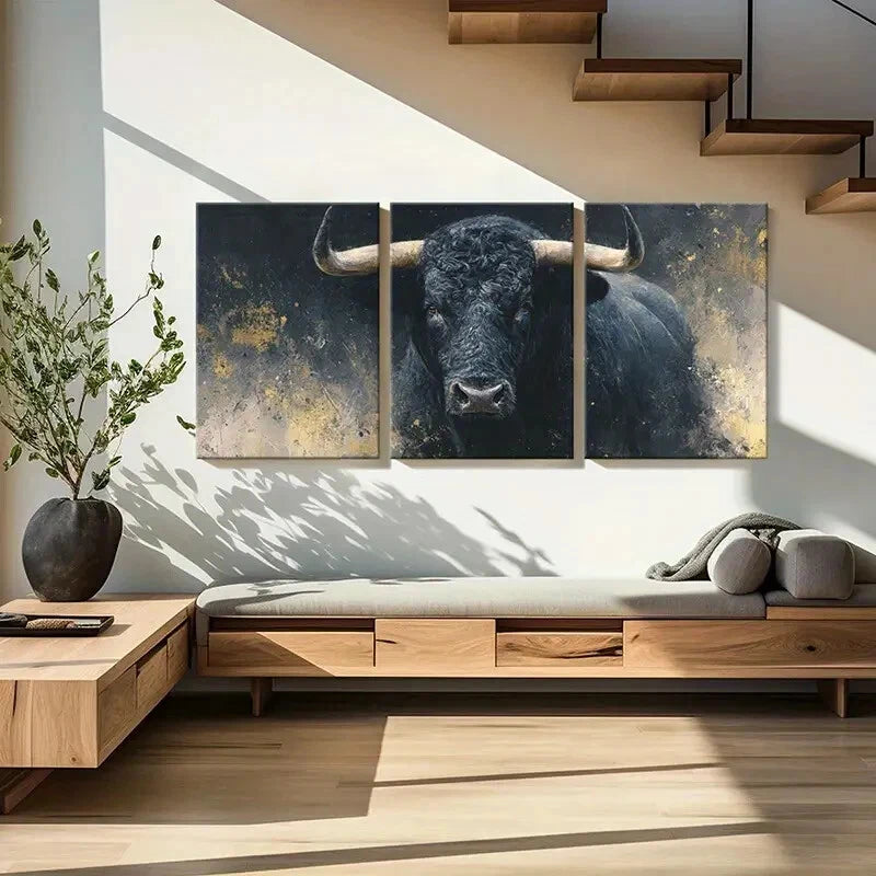 3pcs Artistic Bull Portrait Abstract Painting Metal Print Ready to Hang Art - Bella Home Decor