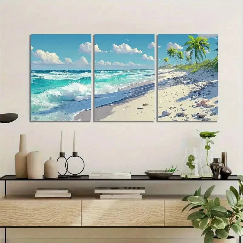 3pcs Beach with White Sand and Palm Trees Metal Print Ready to Hang Art - Bella Home Decor