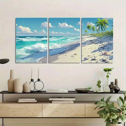 3pcs Beach with White Sand and Palm Trees Metal Print Ready to Hang Art - Bella Home Decor