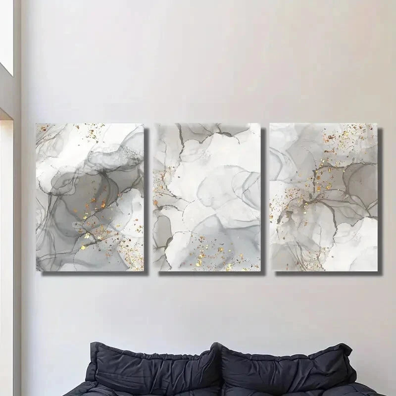 3pcs Abstract Gray and Golden Texture Metal Print Ready to Hang Art - Bella Home Decor