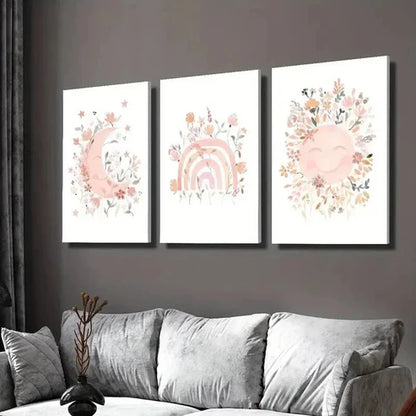 3pcs Moon Rainbow Sun Full of Flowers  Wall Art Set Canvas Unframed - High Quality Print 100% Australian Made Wall Canvas