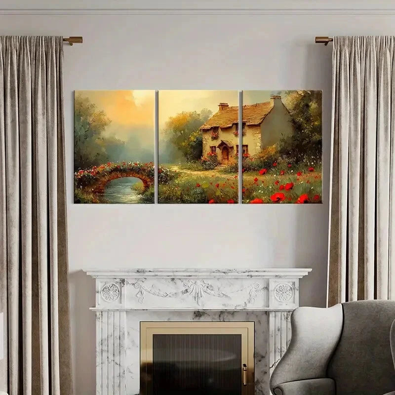 3pcs Rustic Cottage Bridge River Flowers Metal Print Ready to Hang Art - Bella Home Decor