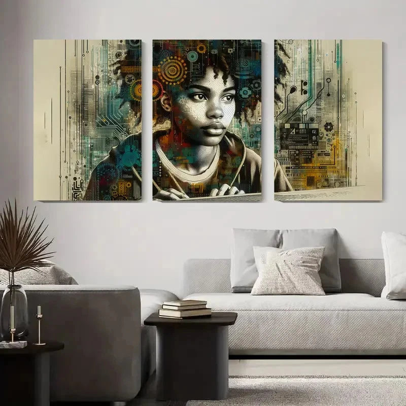 3pcs Futuristic Cyber Tech Girl Abstract Metal Print Ready to Hang Art - Bella Home Decor
