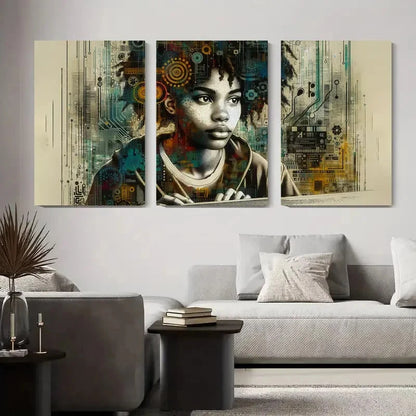 3pcs Futuristic Cyber Tech Girl Abstract Metal Print Ready to Hang Art - Bella Home Decor