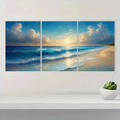 3pcs Serene Sunset & Wave Scenery Oil Painting Metal Print Ready to Hang Art - Bella Home Decor