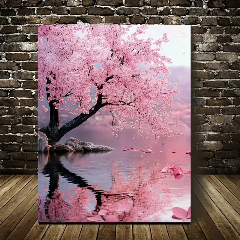 Serene Pink Blossom Landscape with Mirror Reflection 40x60cm Metal Print Ready to Hang - Bella Home Decor