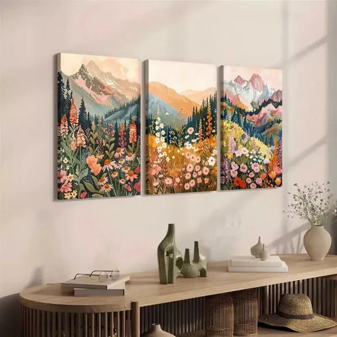 3pcs Floral & Forest Mountain with Wildflowers Art Set Canvas Unframed - High Quality Print 100% Australian Made Wall Canvas