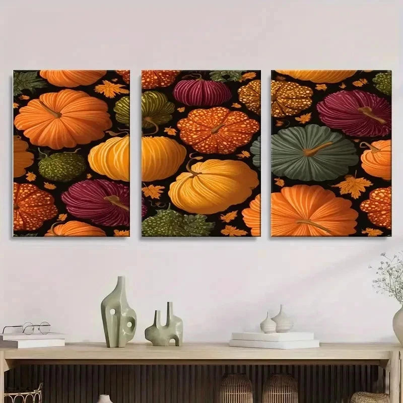 3pcs Seamless Pumpkin Pattern Wall Art Set Canvas Framed 50x70cm - High Quality Print 100% Australian Made Wall Canvas Ready to Hang