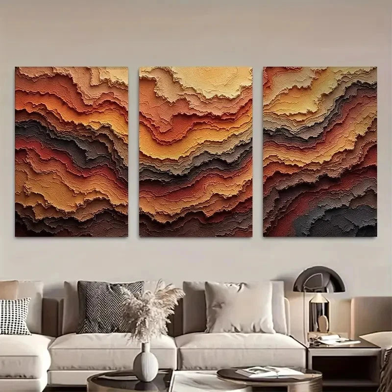 3pcs Earth Tone Rustic Abstract Triptych Wall Art Metal Print Ready to Hang Art - Bella Home Decor