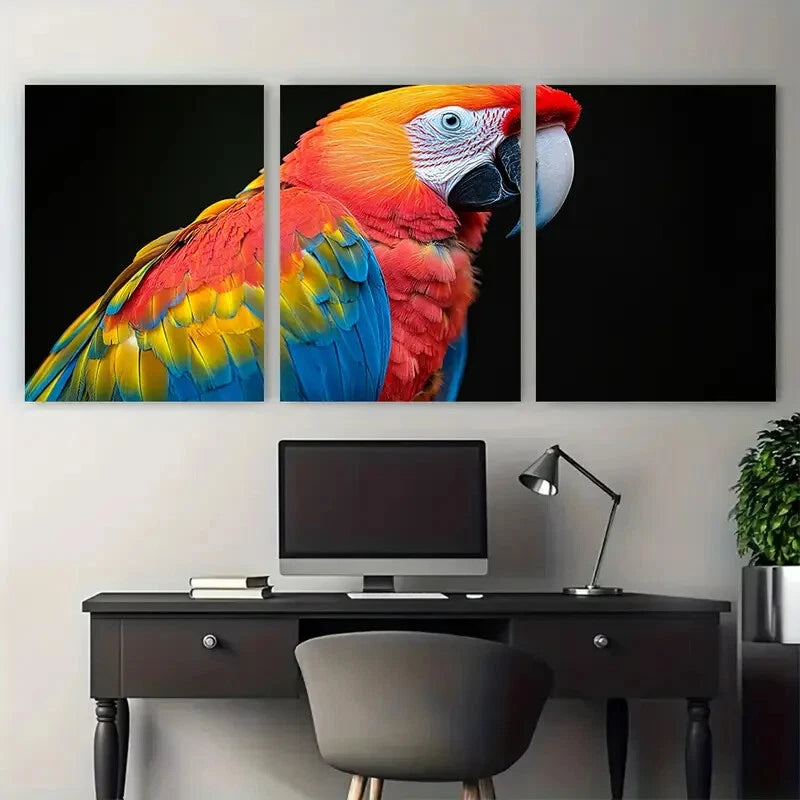 3pcs Scarlet Macaw Vibrant Rainbow Feathers Metal Print Ready to Hang Art - Bella Home Decor