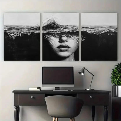 3pcs Abstract Lady Face Black And White Ocean Wall Art Set Canvas Framed 50x70cm - High Quality Print 100% Australian Made Wall Canvas Ready to Hang - Bella Home Decor