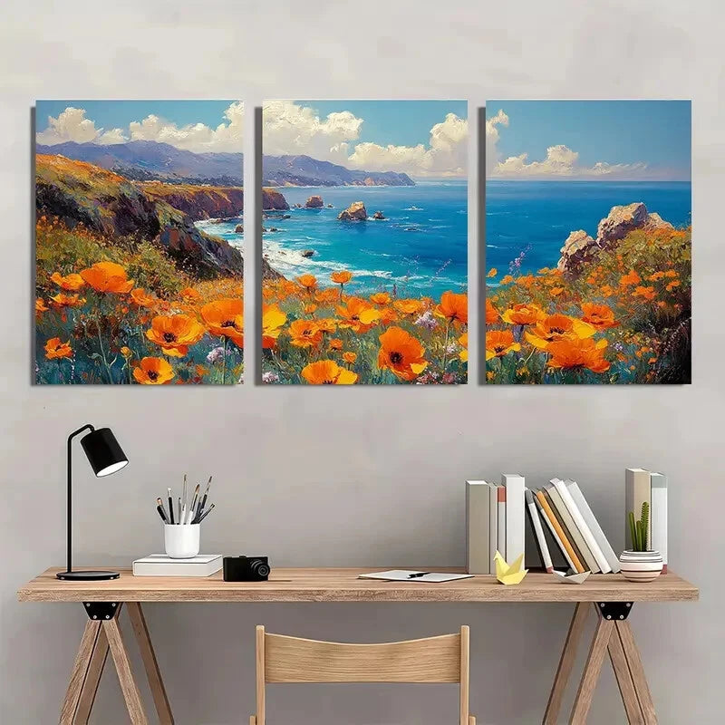 3pcs Big Sur Landscape with Vibrant Yellow Poppy Metal Print Ready to Hang Art - Bella Home Decor