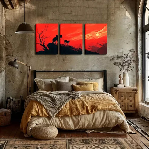 3pcs Red Sky And Black Cat Wall Art Canvas Unframed - High Quality Print 100% Australian Made Wall Canvas