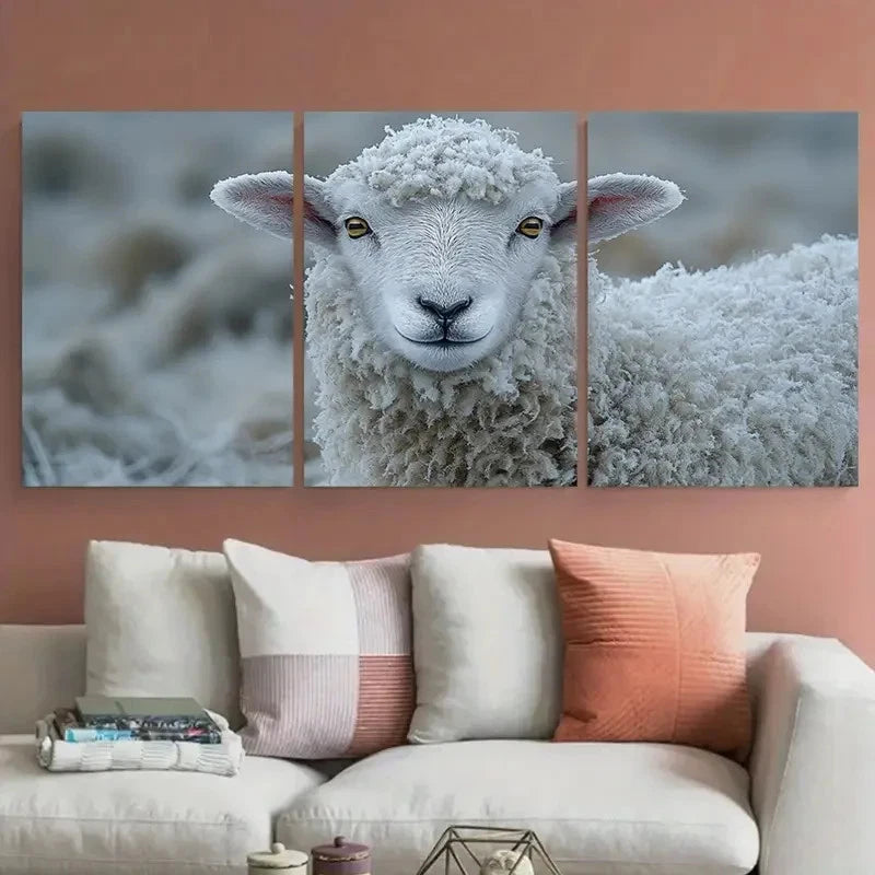 3pcs Fluffy Sheep Face Winter Wildlife Metal Print Ready to Hang Art - Bella Home Decor