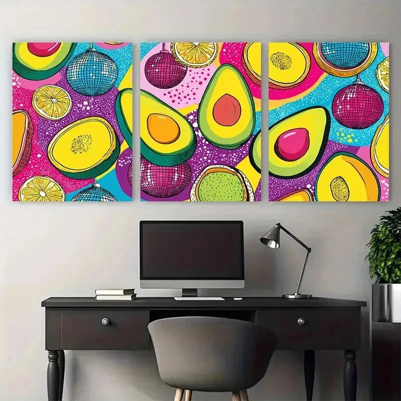 3pcs Vibrant Disco Ball & Avocado Preppy Perfect Wall Art Set Canvas Framed 60x90cm - High Quality Print 100% Australian Made Wall Canvas Ready to Hang