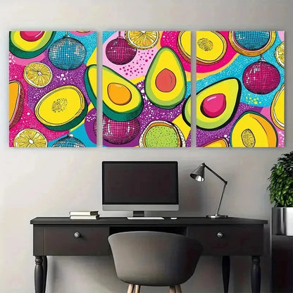 3pcs Vibrant Disco Ball & Avocado Preppy Perfect Wall Art Set Canvas Framed 60x90cm - High Quality Print 100% Australian Made Wall Canvas Ready to Hang