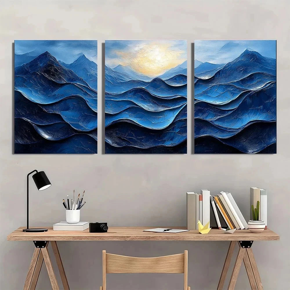3pcs Blue Swirls Modern Abstract Painting Metal Print Ready to Hang Art - Bella Home Decor