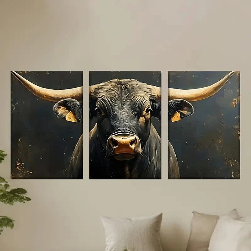 3pcs Contemporary Bull with Big Horns Metal Print Ready to Hang Art - Bella Home Decor