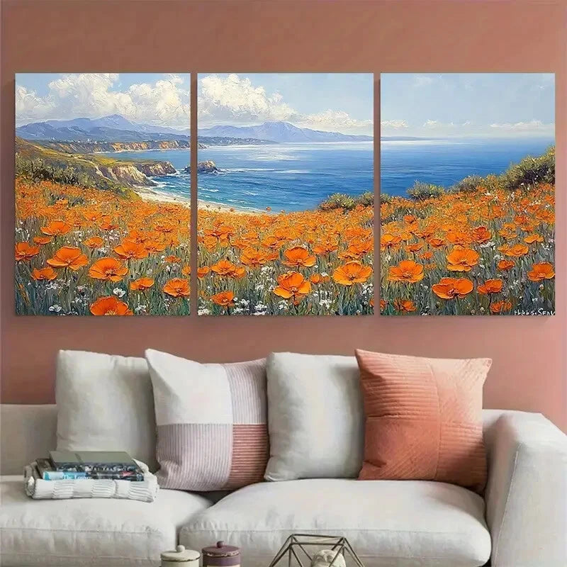 3pcs California Poppy Seascape Meadow Fields Metal Print Ready to Hang Art - Bella Home Decor