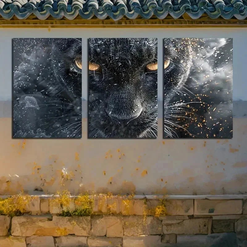 3pcs Black Cat Closeup Modern Wildlife Wall Art Set Canvas Framed 60x90cm - High Quality Print 100% Australian Made Wall Canvas Ready to Hang - Bella Home Decor