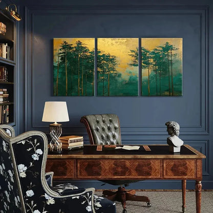3pcs Abstract Forest Art Golden Sky Teal Trees Metal Print Ready to Hang Art - Bella Home Decor