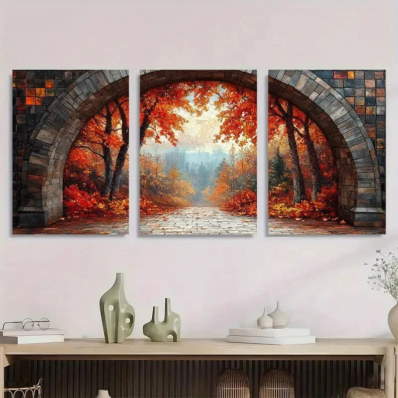3pcs Beautiful Fall Mosaic Stained Glass Style Metal Print Ready to Hang Art - Bella Home Decor