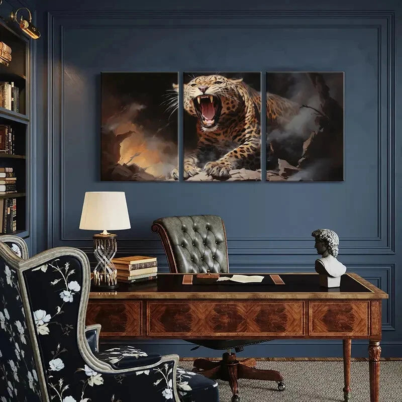 3pcs Raging Leopard Fiery Animal Art Metal Print Ready to Hang Art - Bella Home Decor