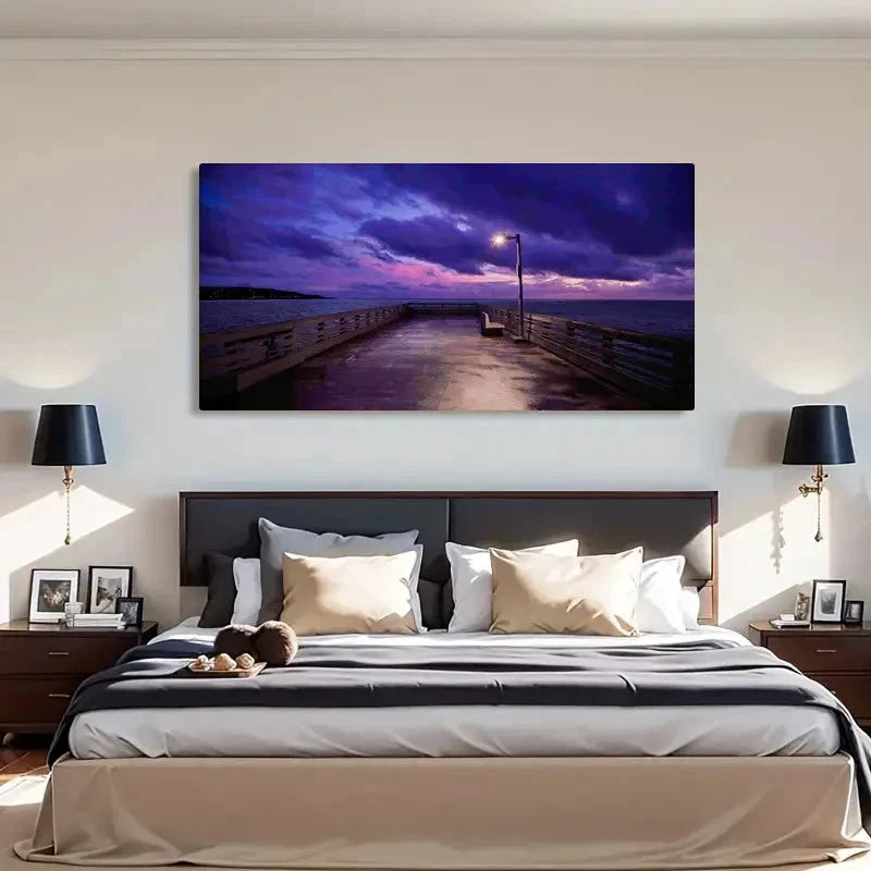 Seaside Dock Sunset Retro Wall Art Canvas Office Home Room Framed 120x60cm - Bella Home Decor