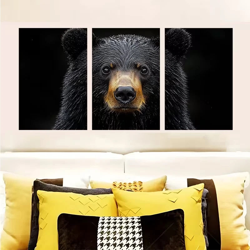 3pcs Realistic Bear Face with Golden Accents Metal Print Ready to Hang Art