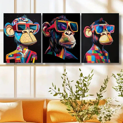 3pcs Fashion Glasses Monkey  Wall Art Canvas Unframed – High Quality Print 100% Australian Made Wall Canvas