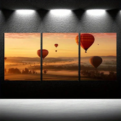 3pcs Vibrant Hot Air Balloon Sunset Scene Metal Print Ready to Hang Art - Bella Home Decor