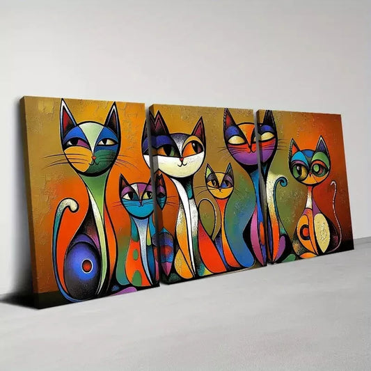 3pcs Vibrant Abstract Colorful Cats Art Set Canvas Framed 50x70cm - High Quality Print 100% Australian Made Wall Canvas Ready to Hang