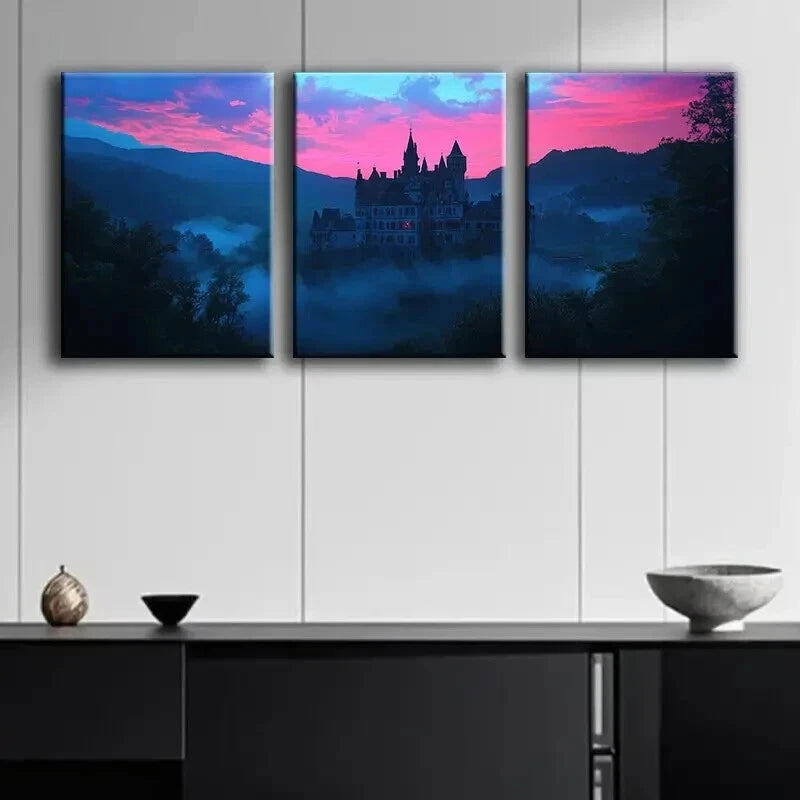 3pcs Castle at Dusk Darkness Night Perfect Wall Art Set Canvas Framed 60x90cm - High Quality Print 100% Australian Made Wall Canvas Ready to Hang
