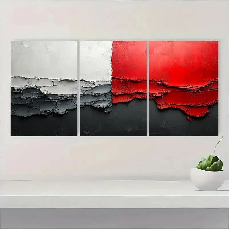 3pcs Painting Gray Abstract Painting Red Textured Metal Print Ready to Hang Art
