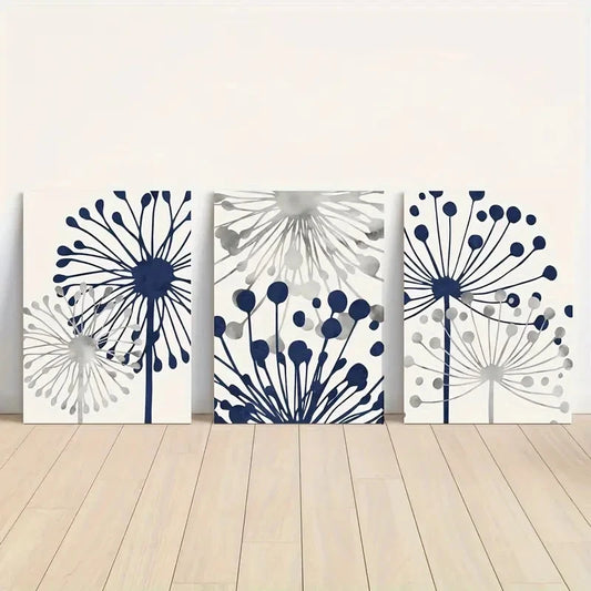 3pcs Navy Blue and Grey Abstract Floral Metal Print Ready to Hang Art