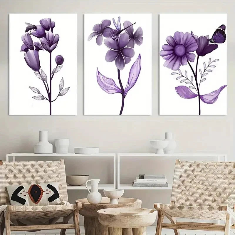 3pcs Transparent Floral with Butterfly Painting Metal Print Ready to Hang Art - Bella Home Decor