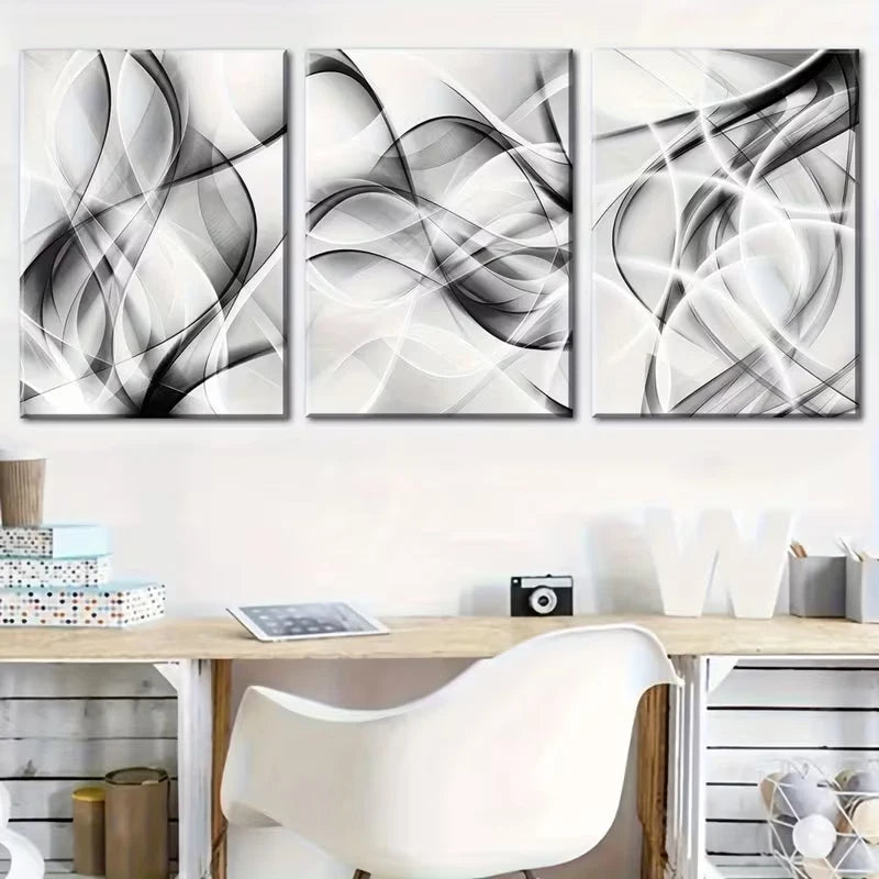 3pcs Black and White Abstract Geometric Metal Print Ready to Hang Art - Bella Home Decor