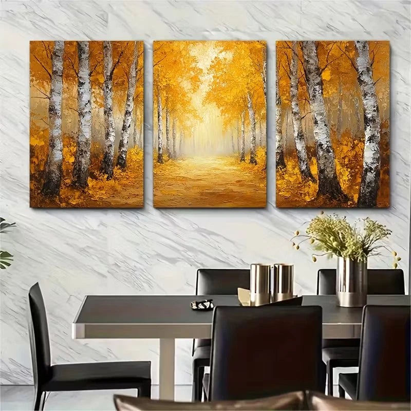 3pcs, Golden Forest Light Painting Metal Print Ready to Hang Art