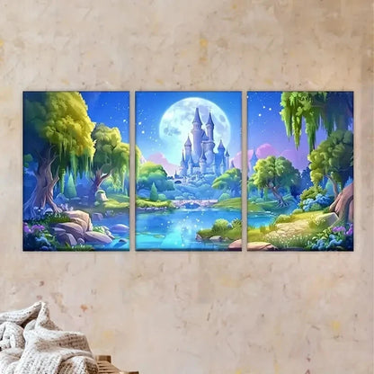 3pcs Forest Castle Scene with Moonlit Sky Wall Art Set Canvas Framed 40x60cm - High Quality Print 100% Australian Made Wall Canvas Ready to Hang - Bella Home Decor
