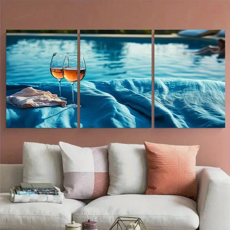 3pcs Wine o clock ski Wine & Bedsheet Pool Wall Art Set Canvas Framed 60x90cm - High Quality Print 100% Australian Made Wall Canvas Ready to Hang