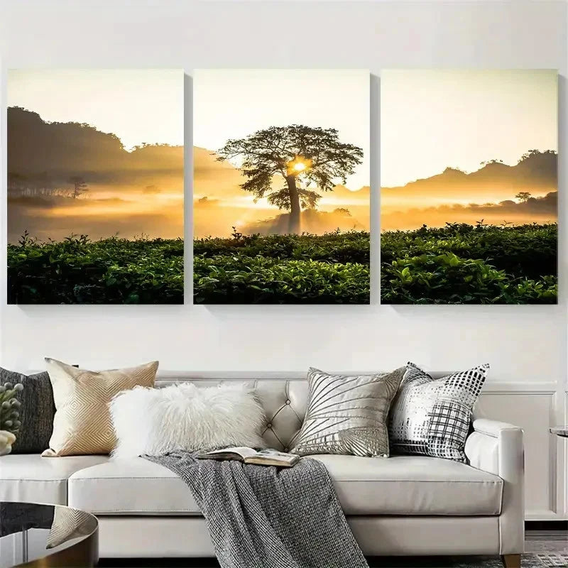 3pcs Golden Sunrise Over Tea Plantation Wall Art Set Canvas Framed 40x60cm - High Quality Print 100% Australian Made Wall Canvas Ready to Hang - Bella Home Decor