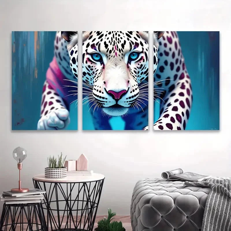 3pcs Vibrant Leopard Portrait with Blue Eyes Wall Art Set Canvas Framed 40x60cm - High Quality Print 100% Australian Made Wall Canvas Ready to Hang