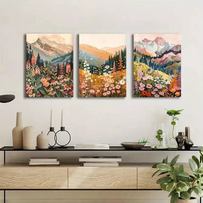 3pcs Floral & Forest Mountain with Wildflowers Art Set Canvas Unframed - High Quality Print 100% Australian Made Wall Canvas