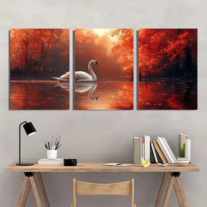 3pcs Swan Painting Print Animal Art Nature Metal Print Ready to Hang Art - Bella Home Decor