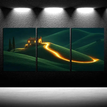 3pcs Landscape with Illuminated Path to Cottage Metal Print Ready to Hang Art - Bella Home Decor