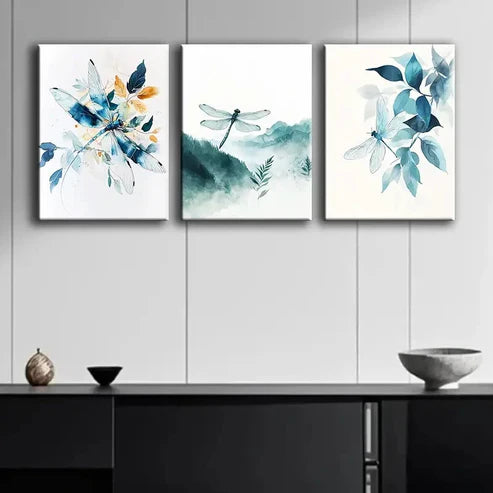 3pcs Colorful Watercolor Dragonfly White Perfect Wall Art Set Canvas Unframed - High Quality Print 100% Australian Made Wall Canvas - Bella Home Decor